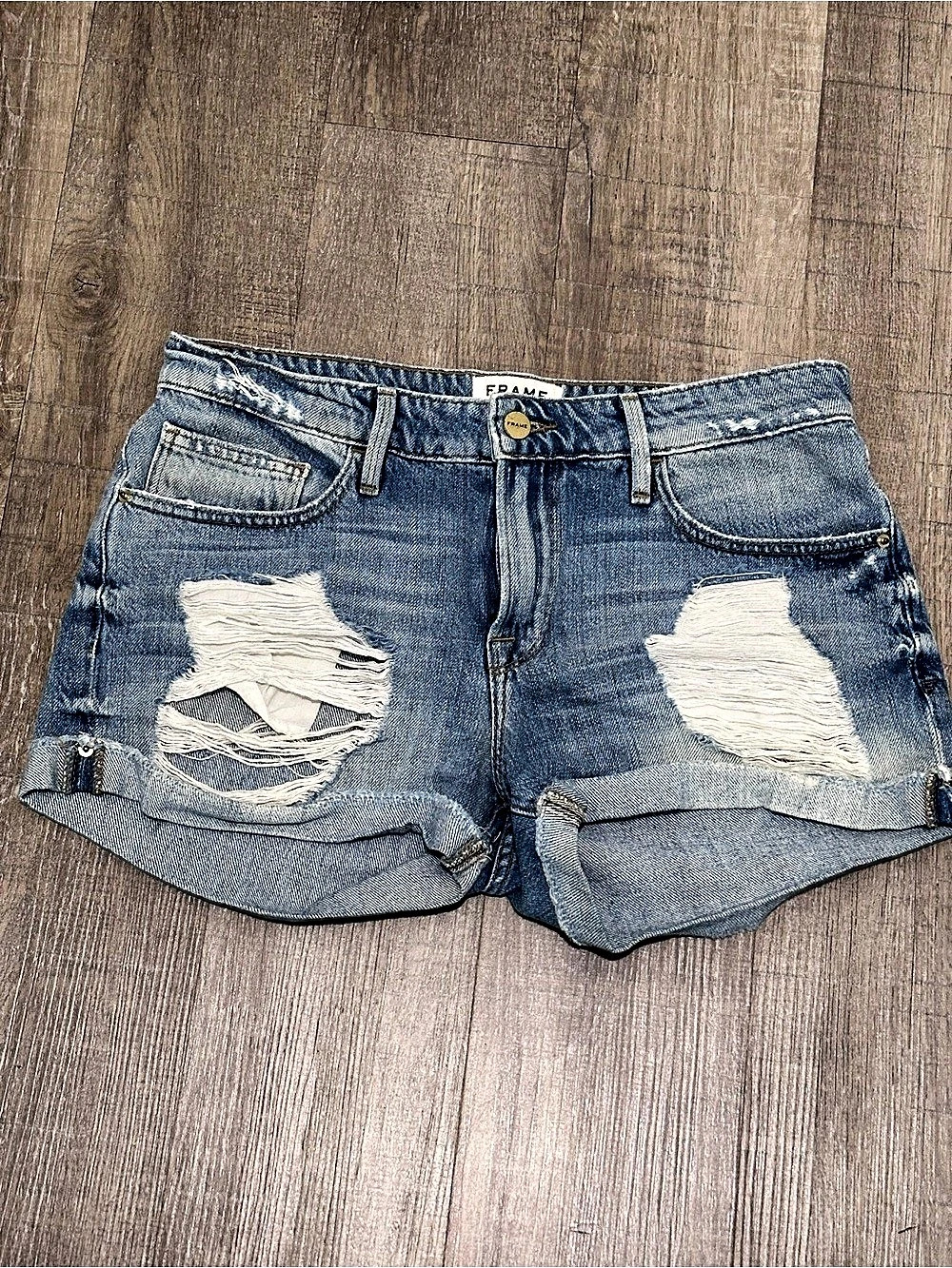 Frame Le Grand Garçon Short Distressed Denim Jean Shorts Waist 26